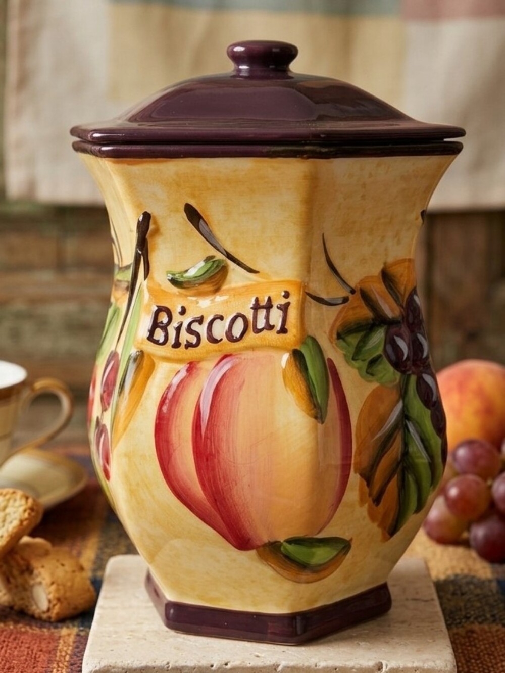 Nonni's Biscotti Jar Hand Painted Ceramic Canister Fruit Decor Yellow Purple